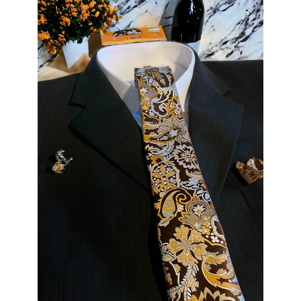 NEW Men’s 3 Piece Tie Set Light Coffee Pocket Square/Tie/Cuff Links 60"x3.25"